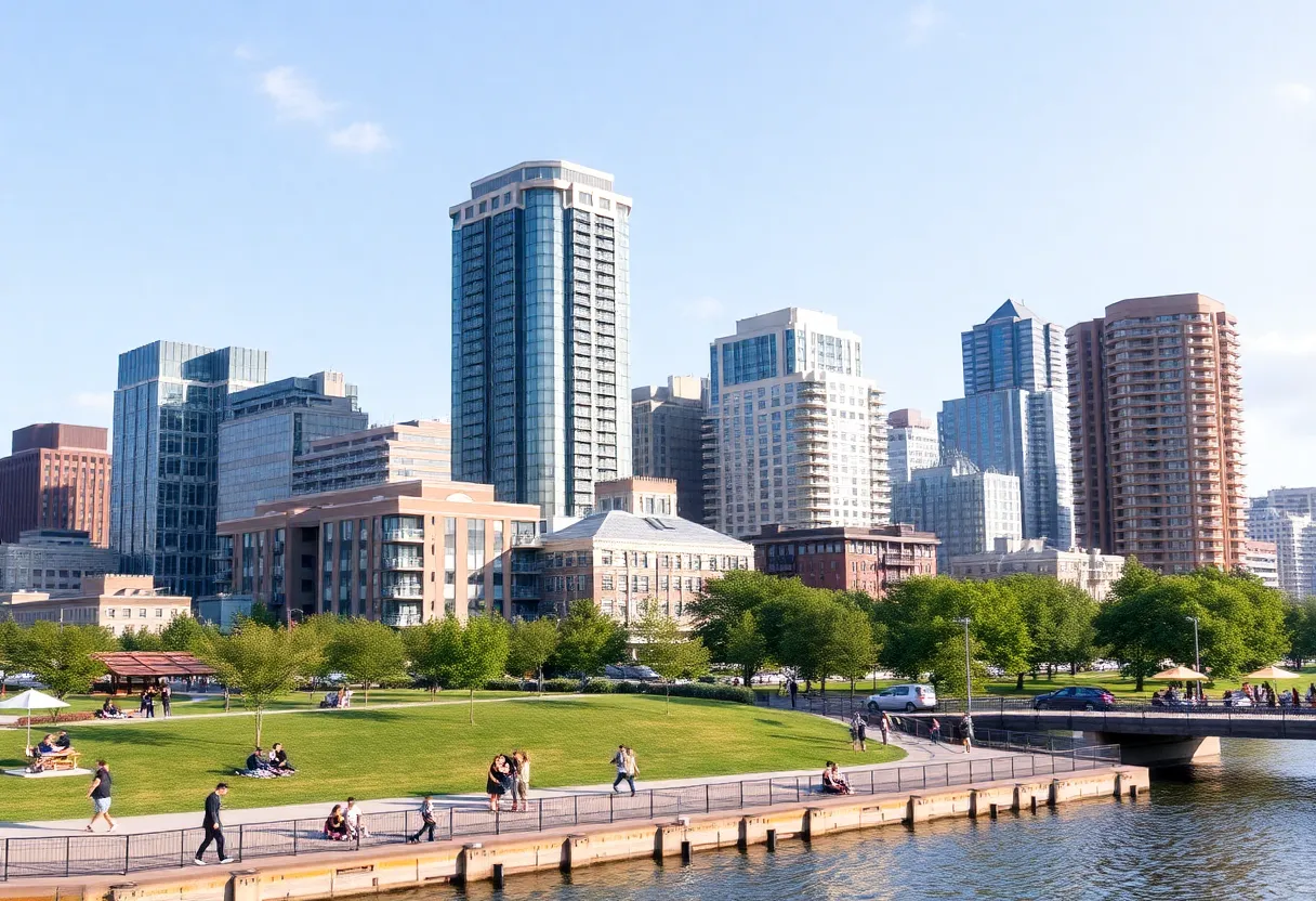 View of downtown Buffalo with new condominiums and waterfront park.