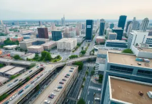 Aerial view of Buffalo's downtown with parking ramps