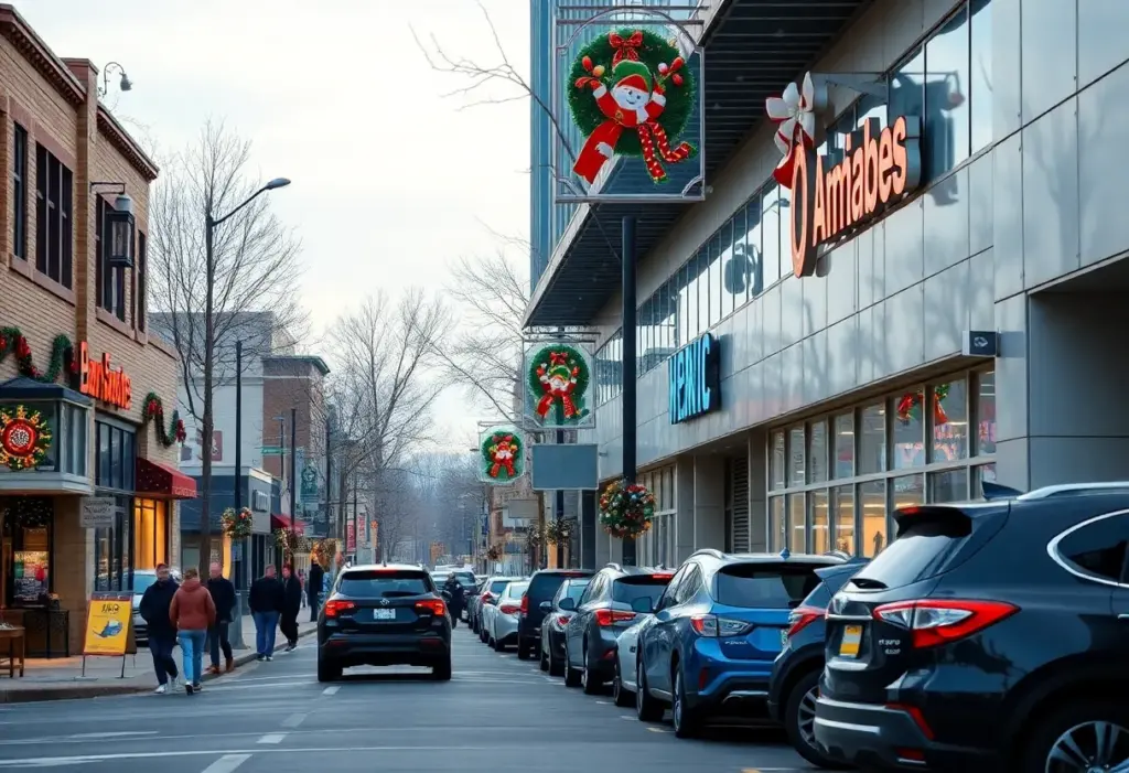 A bustling street in Buffalo showcasing retail stores and auto dealerships during a holiday season.