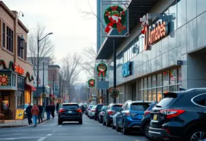 A bustling street in Buffalo showcasing retail stores and auto dealerships during a holiday season.