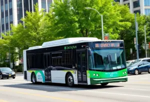 An electric bus driving through the streets of Buffalo, demonstrating sustainable transit.