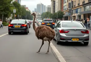 An emu walking near a city street causing traffic disruption.