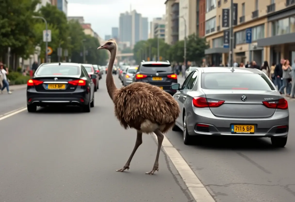 An emu walking near a city street causing traffic disruption.