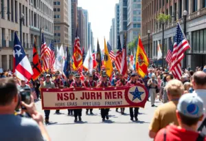 Participants in the Buffalo female veterans parade carrying banners and flags.
