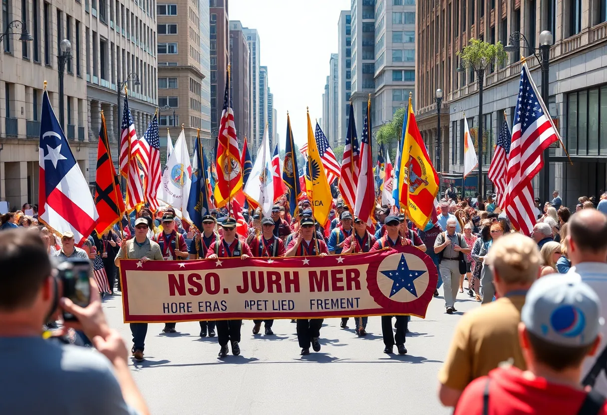 Participants in the Buffalo female veterans parade carrying banners and flags.