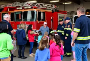 Families engaging with firefighters during a Buffalo fire station open house