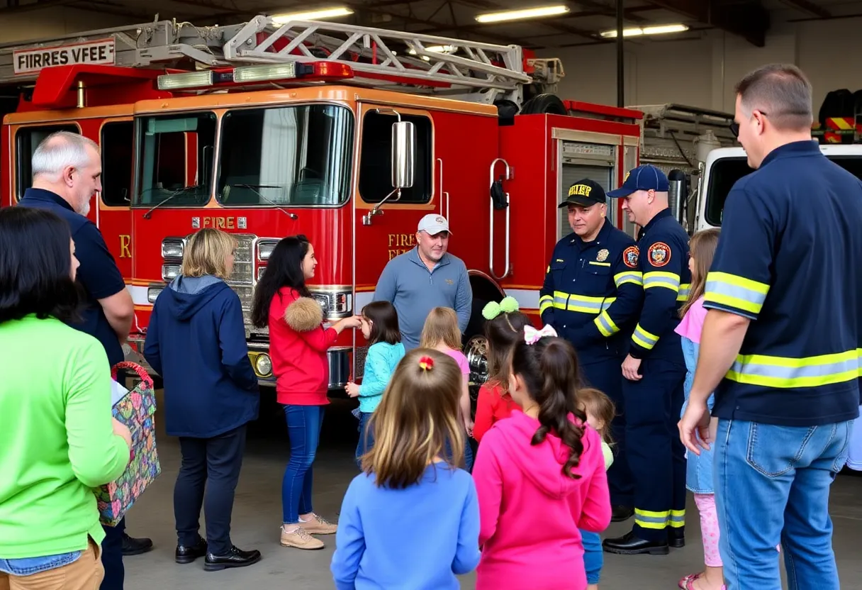 Families engaging with firefighters during a Buffalo fire station open house