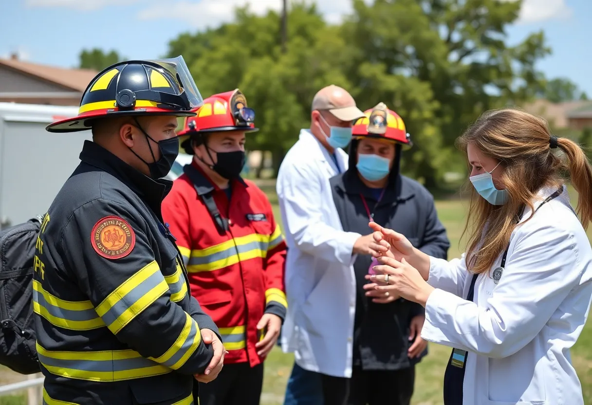 Firefighters receiving skin cancer screenings outdoors at Station 5 in Buffalo.