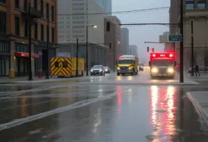 Heavy rainfall leads to flooding in Buffalo, NY streets.
