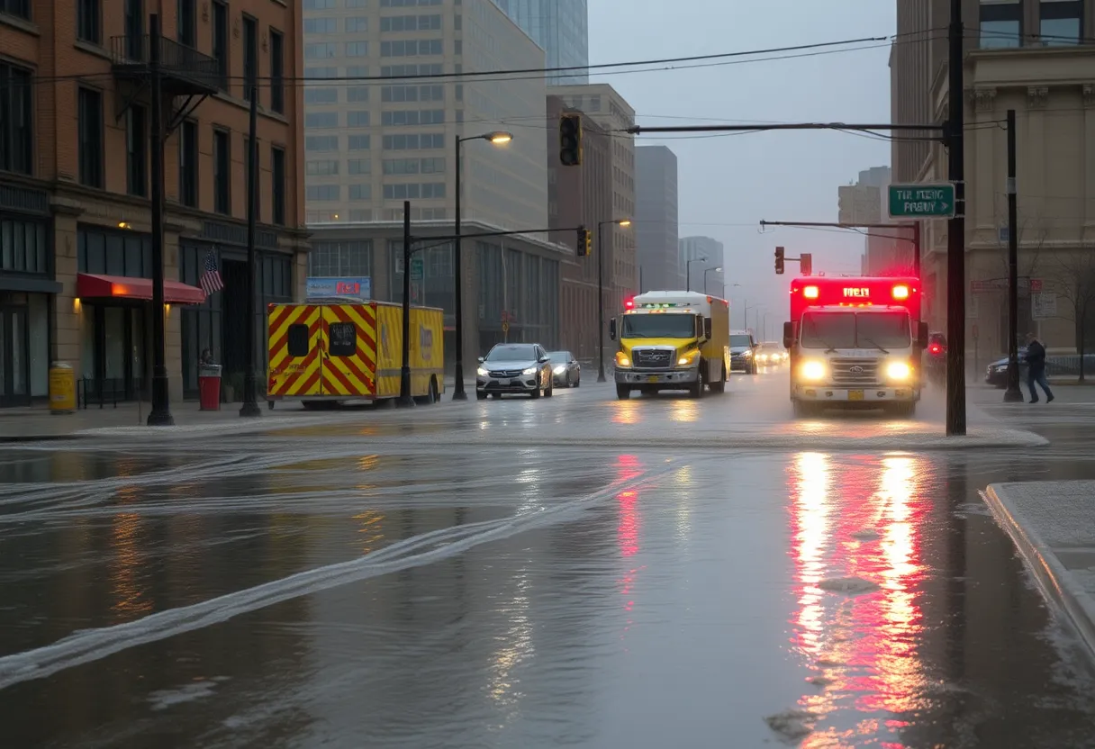 Heavy rainfall leads to flooding in Buffalo, NY streets.