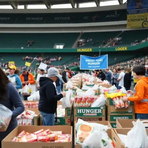 Volunteers sorting food donations during the Huddle for Hunger drive at Highmark Stadium in Buffalo