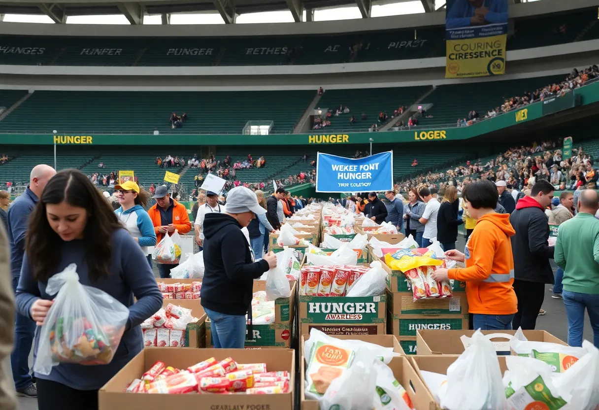 Volunteers sorting food donations during the Huddle for Hunger drive at Highmark Stadium in Buffalo
