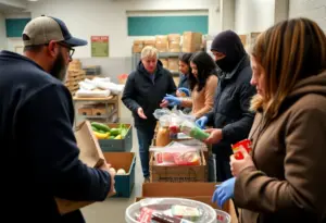Volunteers distribute food at a Buffalo food pantry amid rising food insecurity.