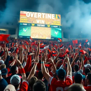 Fans celebrating Buffalo football team's victory in a packed stadium