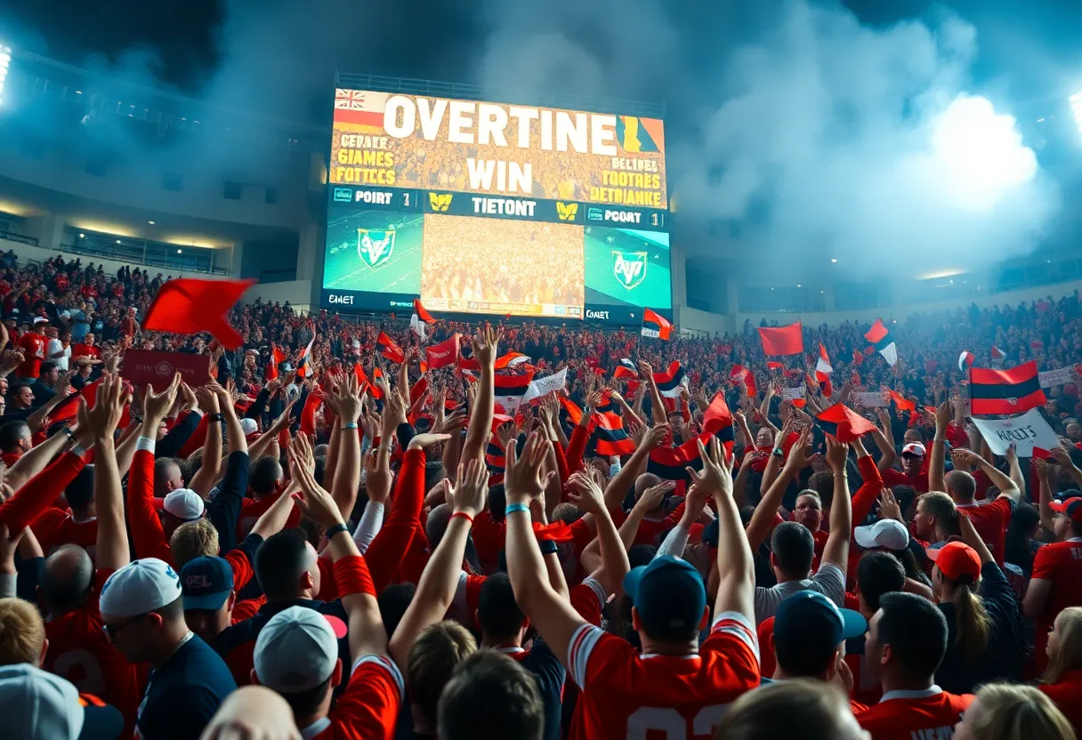 Fans celebrating Buffalo football team's victory in a packed stadium
