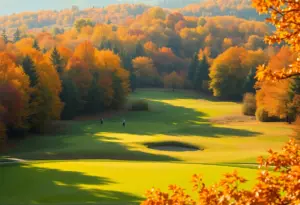 View of Buffalo Run Golf Course showcasing autumn leaves and players on the course
