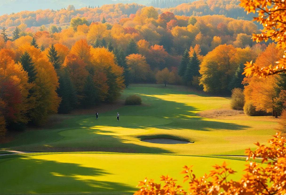 View of Buffalo Run Golf Course showcasing autumn leaves and players on the course