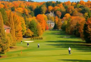 A scenic view of Chestnut Hill Country Club during fall with golfers playing.