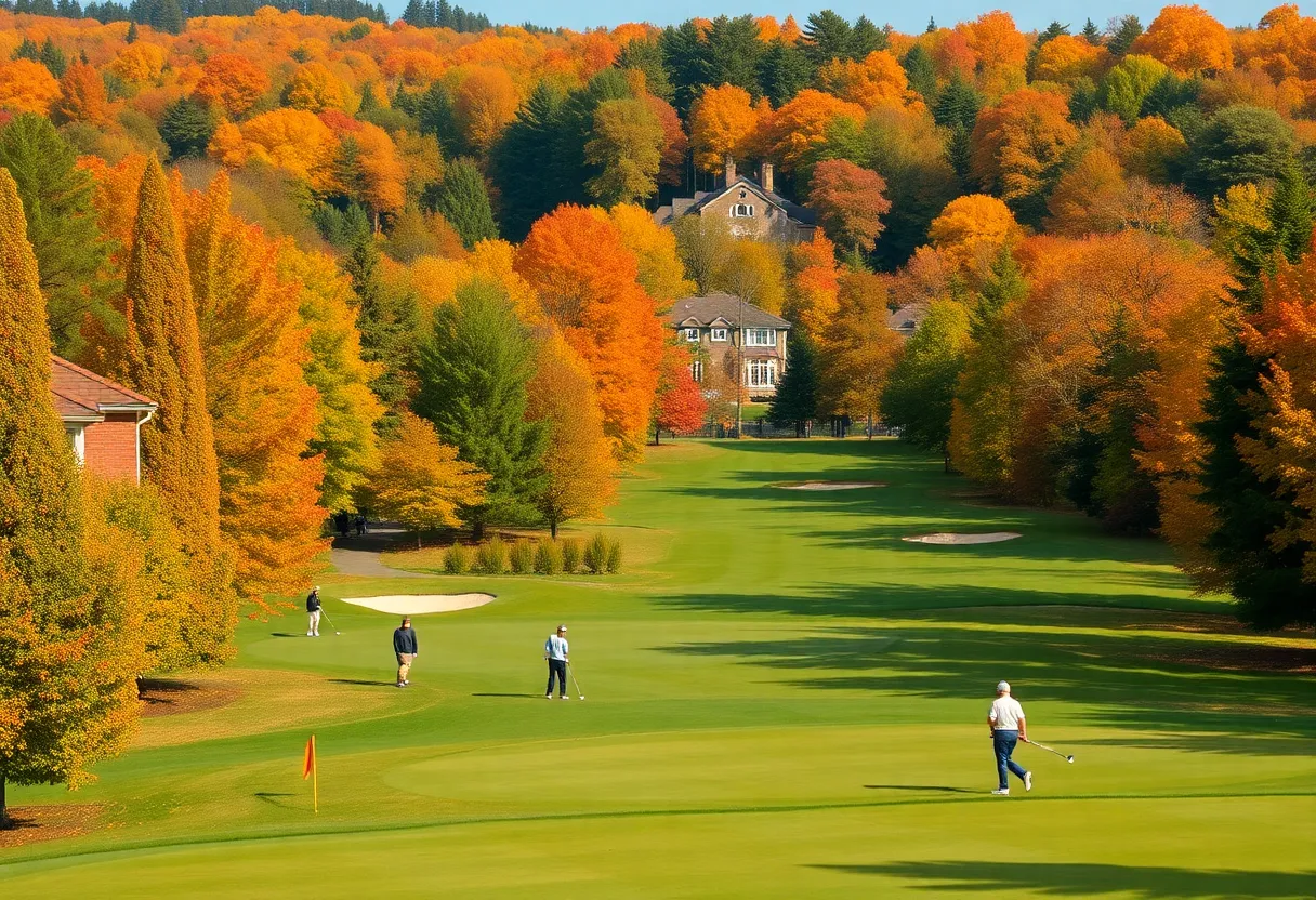 A scenic view of Chestnut Hill Country Club during fall with golfers playing.