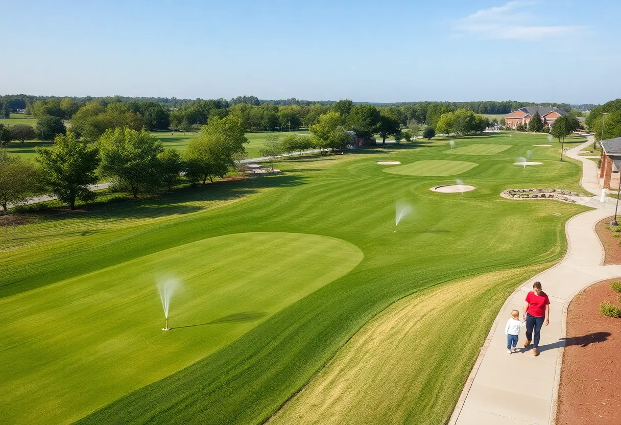 Public golf course in Buffalo undergoing renovations with families playing golf.