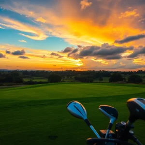 A scenic view of a golf course in Buffalo, New York with players practicing.