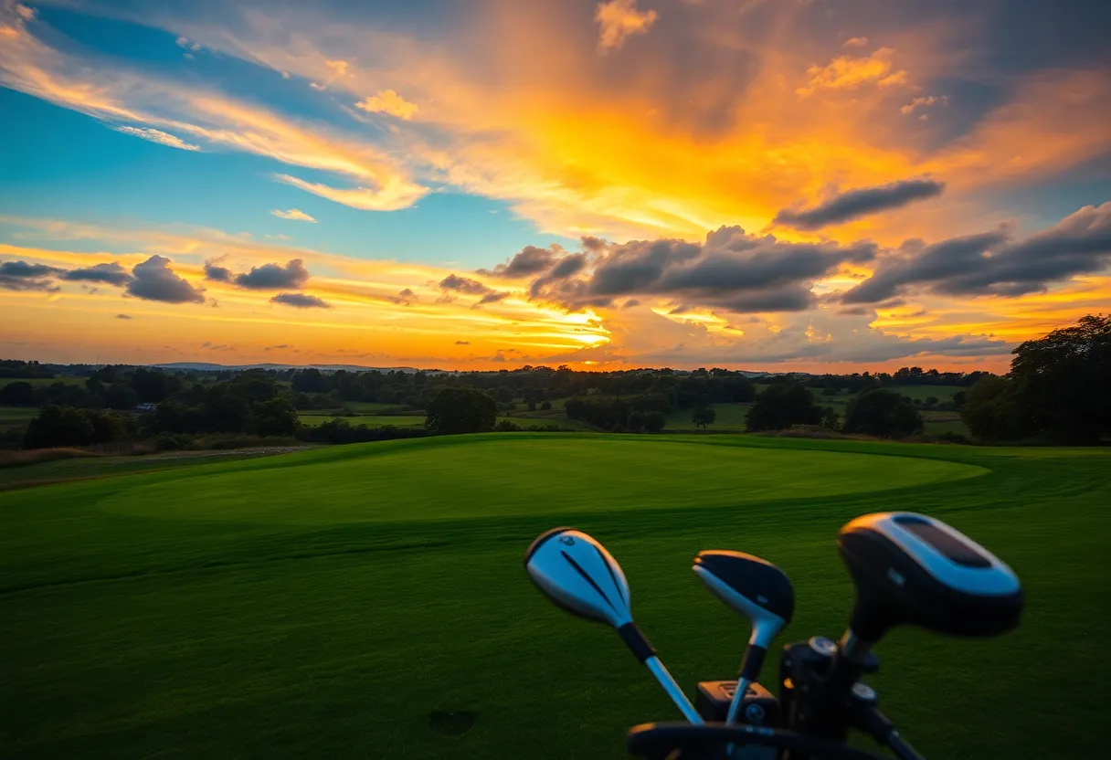 A scenic view of a golf course in Buffalo, New York with players practicing.