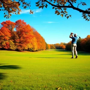 Golfer taking a swing at a scenic golf course during fall.