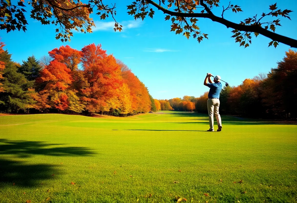 Golfer taking a swing at a scenic golf course during fall.
