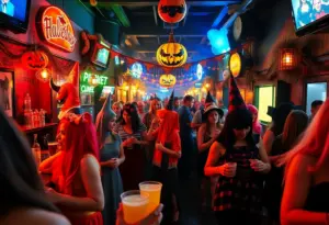 Participants enjoying the Buffalo Halloween Bar Crawl in costumes