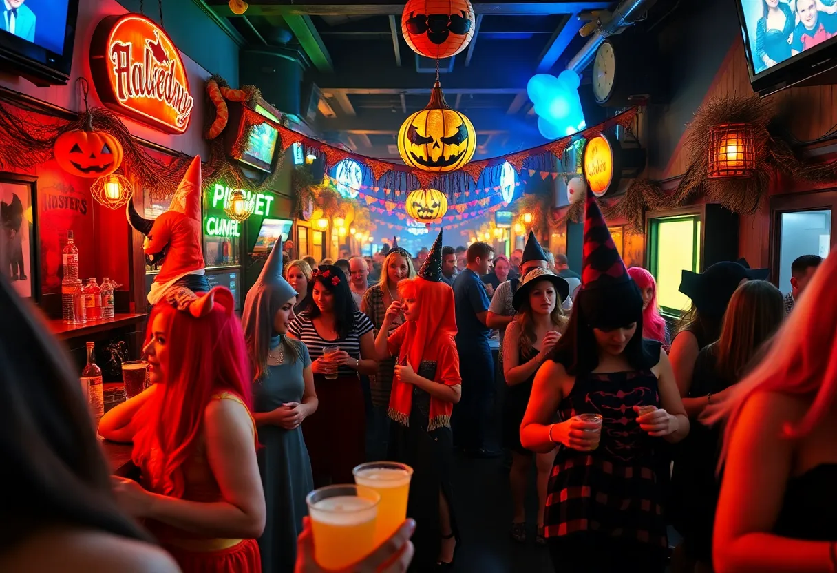Participants enjoying the Buffalo Halloween Bar Crawl in costumes