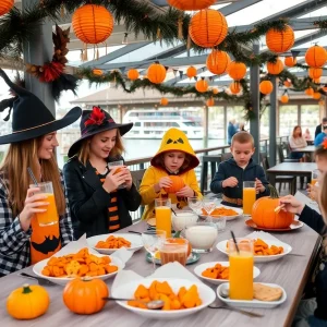 Families enjoying Halloween brunch with decorations and themed food in Buffalo