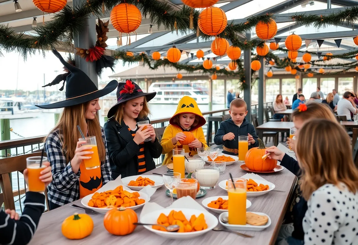 Families enjoying Halloween brunch with decorations and themed food in Buffalo