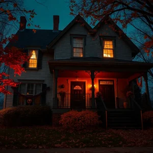 A haunted house in Buffalo decorated for Halloween with spooky elements