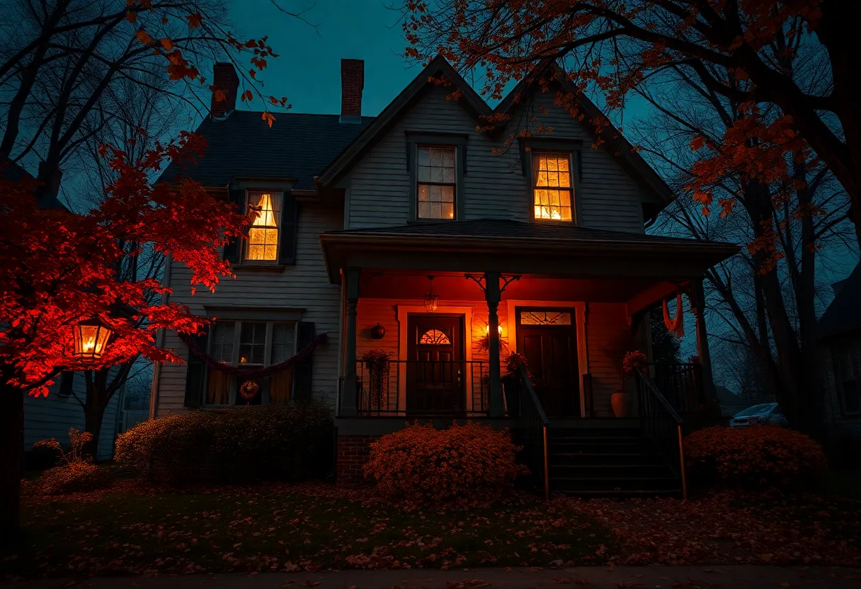 A haunted house in Buffalo decorated for Halloween with spooky elements