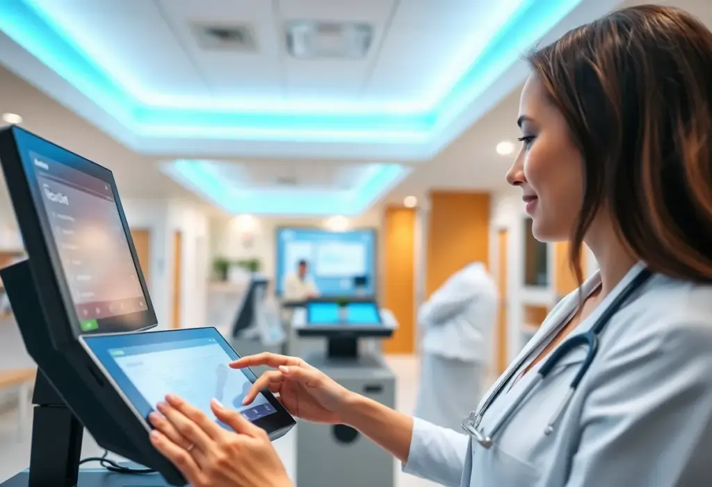 A healthcare setting with digital payment kiosks and devices for patients.