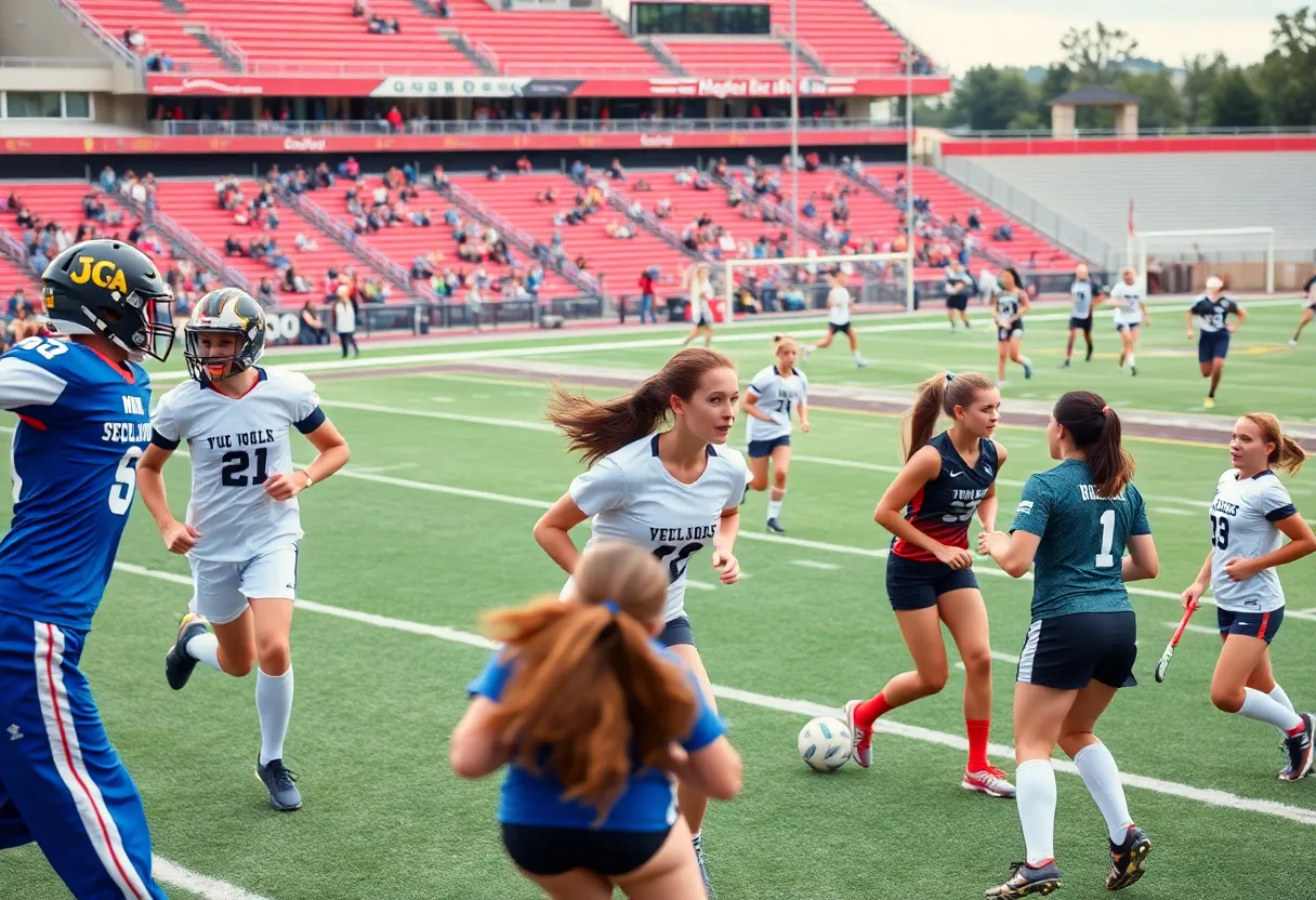 High school athletes competing in football, cross country, field hockey, soccer, and volleyball.