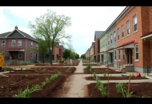 Urban transformation in Buffalo with new homes being built on vacant lots.