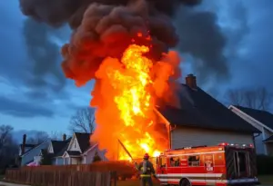 Firefighters extinguishing flames from a burning home in Buffalo.