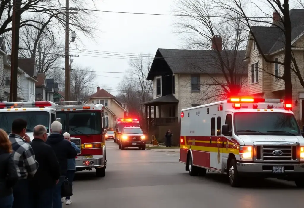 Scene of a house fire in Buffalo, New York, with emergency vehicles present