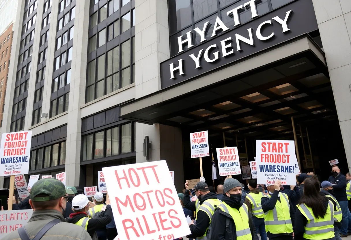 Protest outside Hyatt Regency Buffalo demanding fair wages.