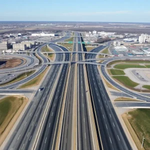 Aerial view of smooth traffic on I-190 in Buffalo after ramp repairs.