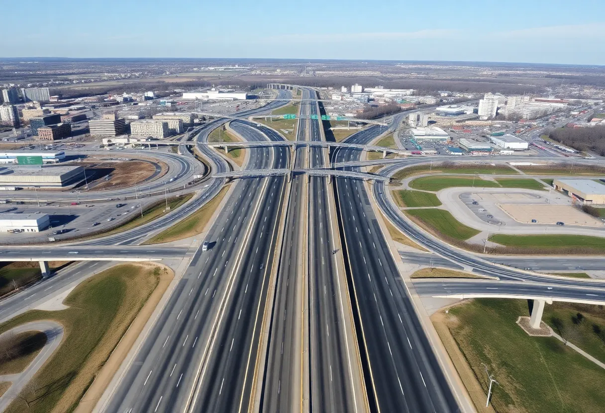 Aerial view of smooth traffic on I-190 in Buffalo after ramp repairs.