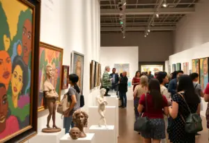 Attendees engaging with artworks at the Buffalo immigrant art event.
