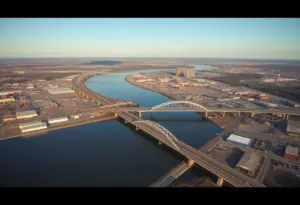 Aerial view of Buffalo's industrial area and the Peace Bridge