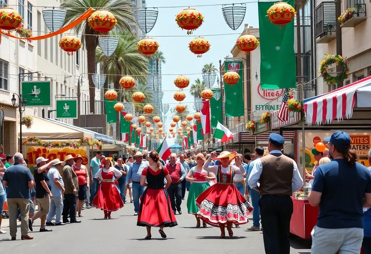 Festival in Buffalo's Little Italy featuring traditional dancers, food vendors, and crowds celebrating Italian culture