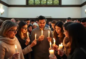 Community members lighting candles at a Jewish vigil in Buffalo.