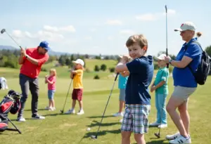 Children participating in a junior golf clinic at Robert Trent Jones Golf Course.
