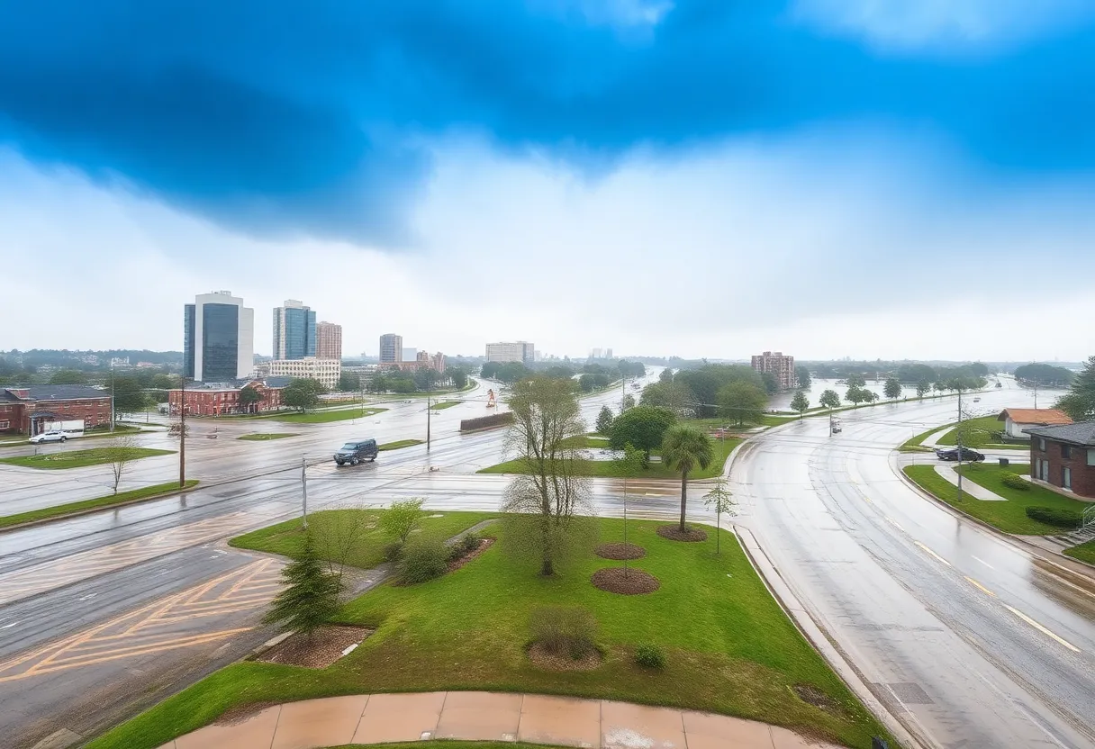 Flooded street in Buffalo during heavy rain