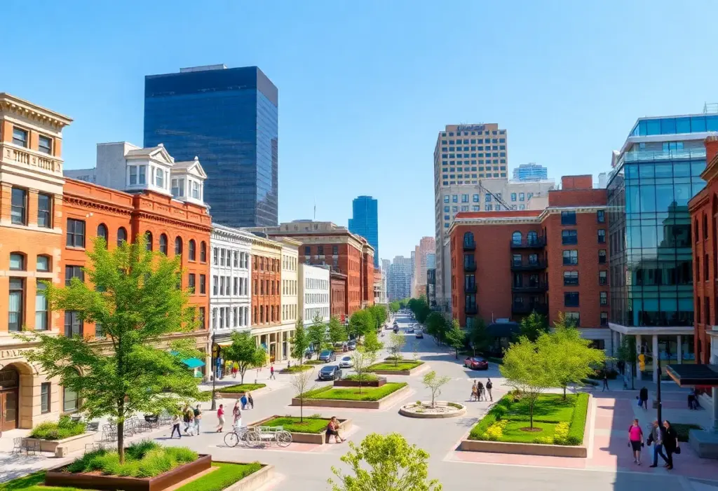 An artist's impression of the Buffalo Main Street redevelopment project with mixed-use buildings and green spaces.