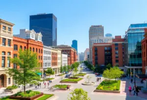 An artist's impression of the Buffalo Main Street redevelopment project with mixed-use buildings and green spaces.